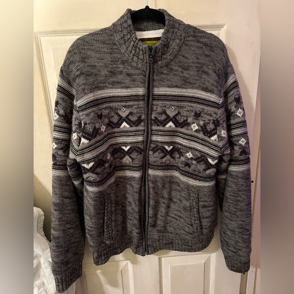 Men's Charcoal Patterned Zip-Up Sweater